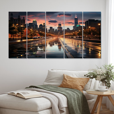 Chicago Cityscape By Night II - Chicago Wall Art Living Room - 5 Equal Panels