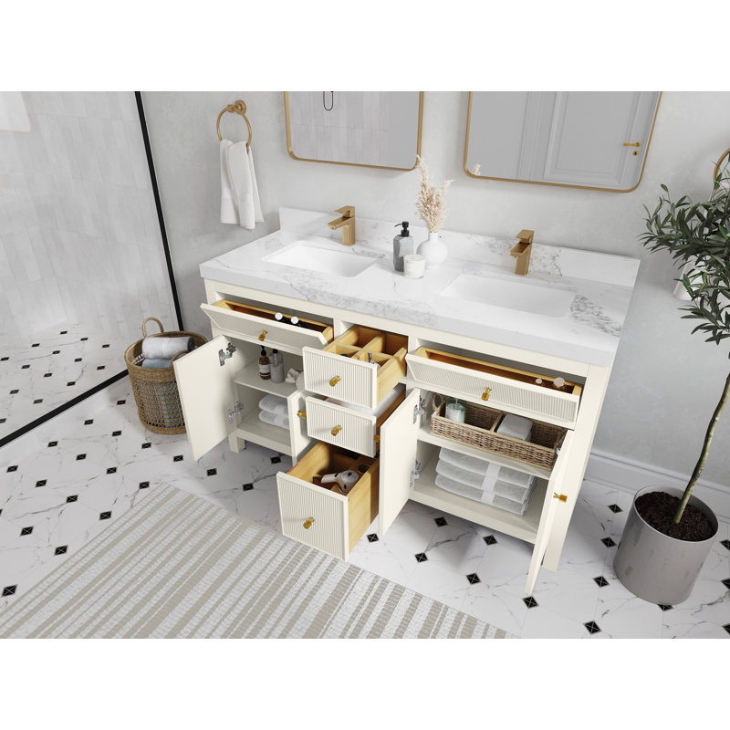 Meuble-lavabo double 60 po avec plateau en quartz Sonoma, Blanc, Naturel