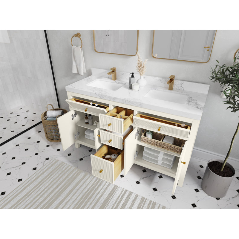 Sonoma 60 In. W X 22 In. D Double Sink Bathroom Vanity In Alabaster With 2 In. Viola Brown Quartz, Calacatta Black