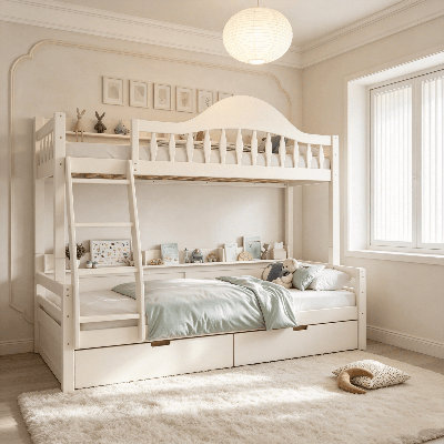 Lit superposé en bois, lit superposé avec tiroirs de rangement, garde-corps courbé et tablettes de rangement latérales, cadre de lit superposé en bois massif avec échelle, aucun sommier nécessaire, lit superposé multifonctionnel pour chambre d'enfant et chambre d'amis