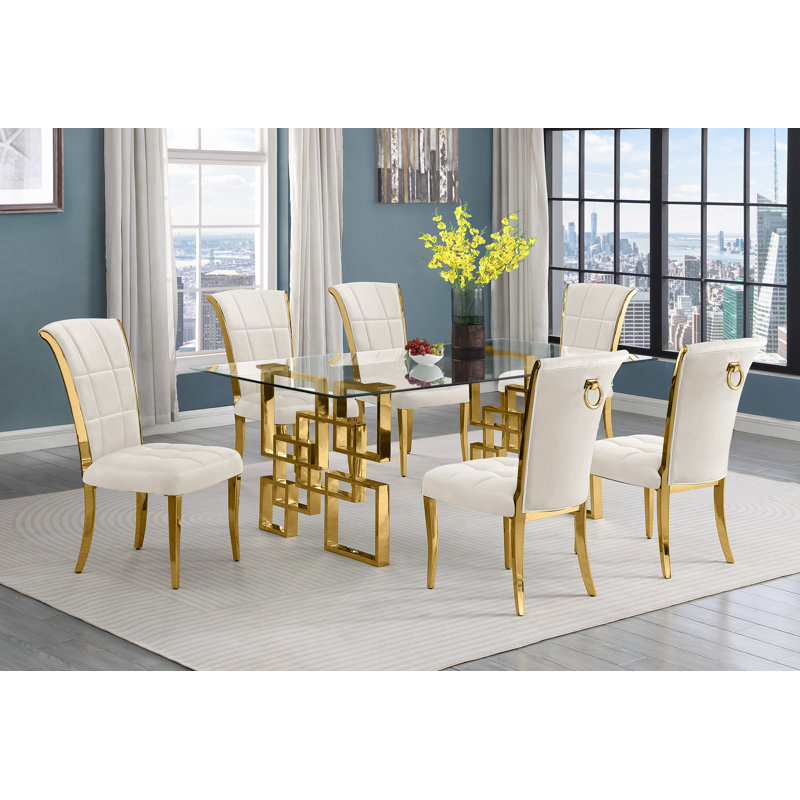 Ensemble de salle à manger avec chaises en velours L 79 po x l 40 po Joneisha, Crème / doré, Or, 7
