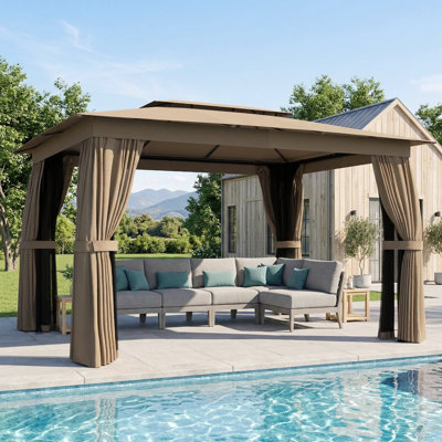 Abri de jardin extérieur 10 pi x 12 pi, abri de jardin à toit souple avec double toit, rideaux, filet, structure en acier, protection UPF30 +, crochets de plafond pour la pelouse, la cour, la terrasse, kaki