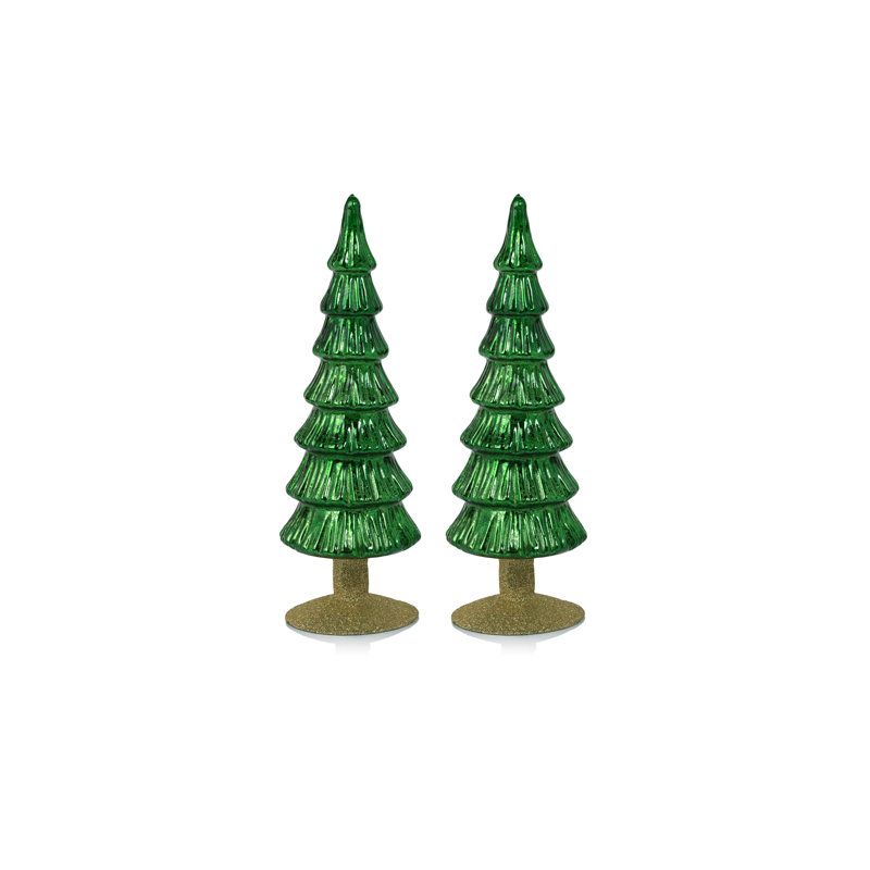 Arbre en verre vert clair Merrigan sur base à paillettes dorées, ensemble de 2, H 10,75 po x l 3,5 po x P 3,5 po, Vert/doré