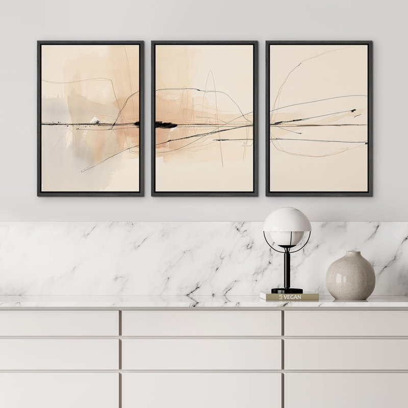 «Zen Simplicity Abstract Beige Illustration», 3 pièces, H 24 po x l 48 po, Cadre flottant noir