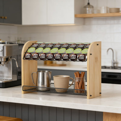 Porte-gobelets de grande capacité et organisateur de station de café avec plateau inférieur, peut contenir plus de 28 dosettes, autoportant ou mural, conception facile à assembler en bambou naturel