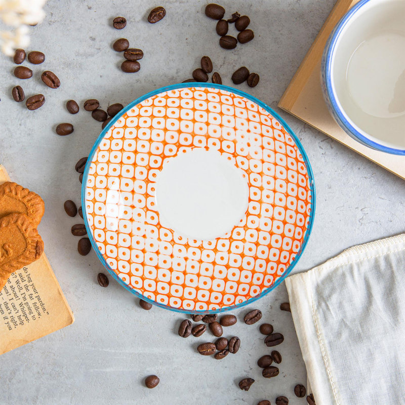 Nicola Spring Hand-Printed Cappuccino Saucers - 14.5cm - Orange - Pack of 12