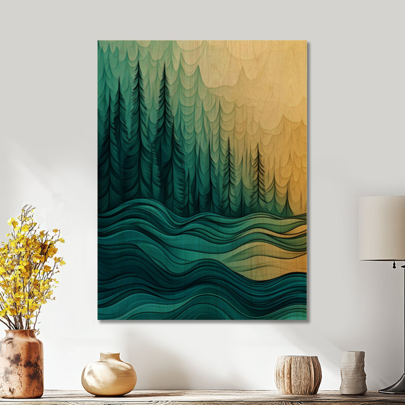 Vert forêt de pins enchantés avec lac Ripples I - Art mural en bois rustique, 24" H x 18" W, Rectangulaire