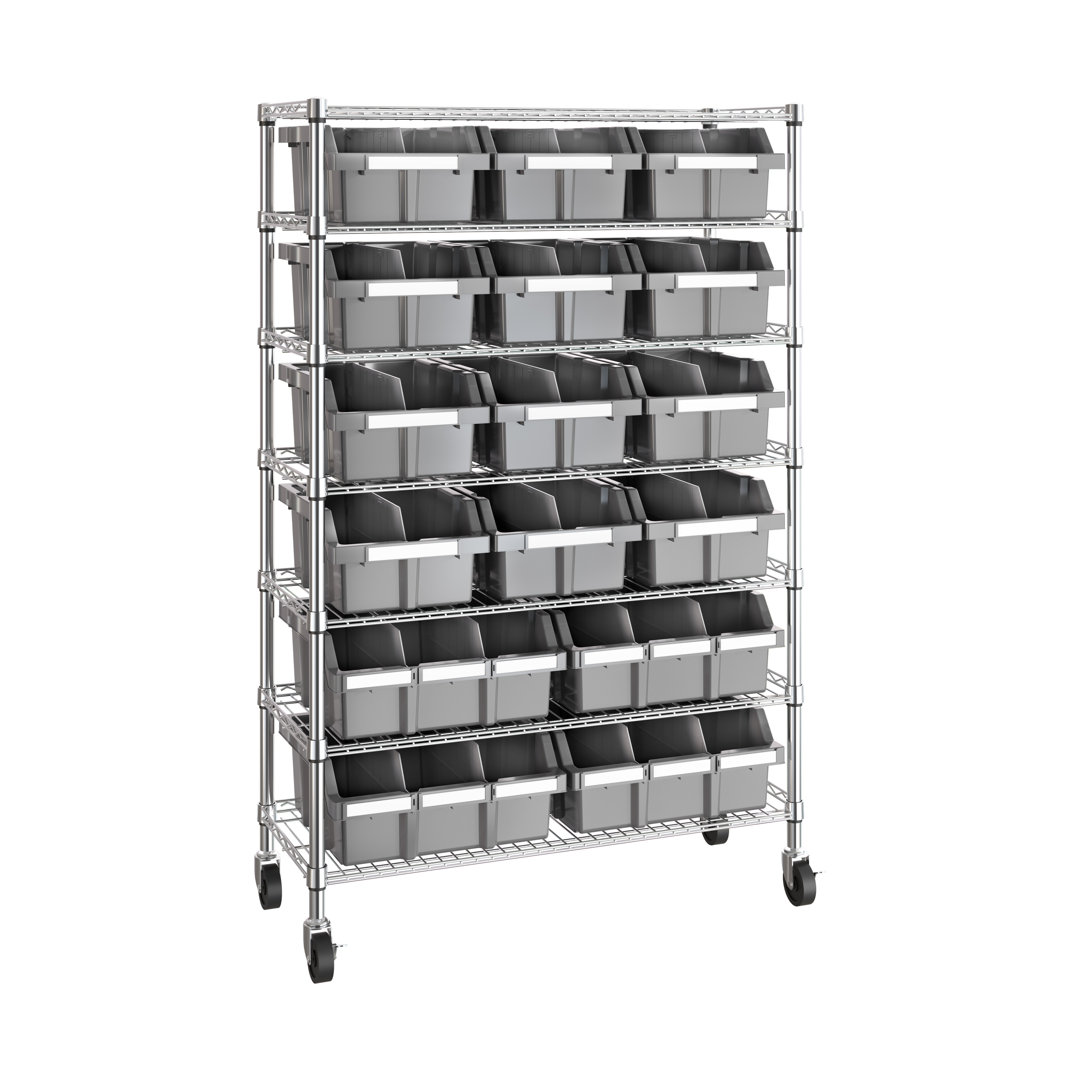 36" W NSF-Certified Commercial 7-Tier 16-Bin Storage Rack with Wheels Seville Classics