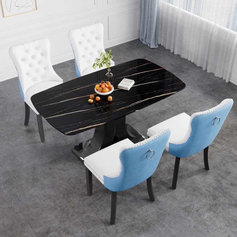 Ensemble de salle à manger à piédestal Vasia, Noir, Bleu, 5