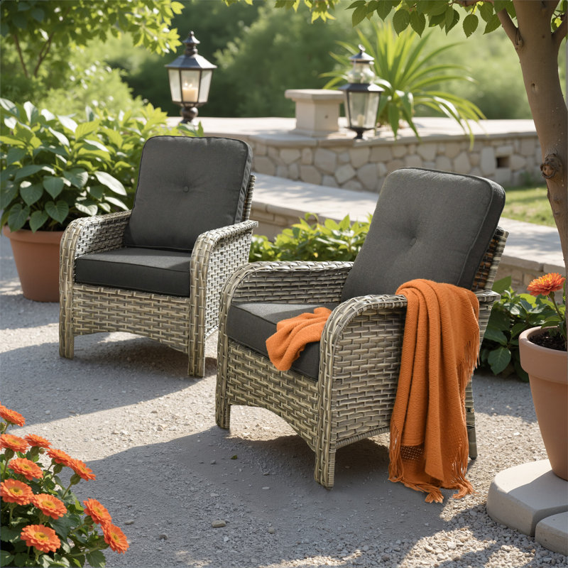 All-Weather Wicker Outdoor Lounge Chair With Cushions (Set Of 2), Black