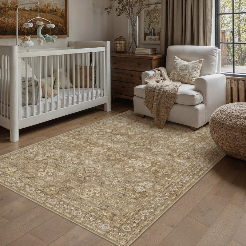 Alma Beige/Brown Vintage Area Rug With Non-Slip Backing, Rectangle 3' x 5'