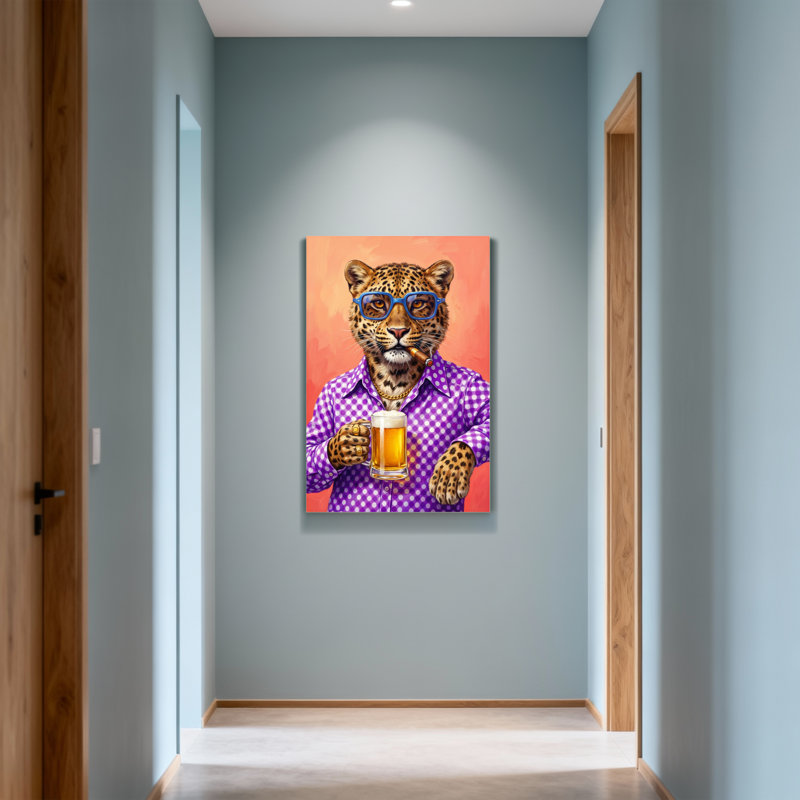 Animaux, léopard, porte des lunettes et boit de la bière, H 24 po x l 16 po