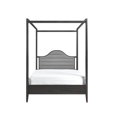 Lit double à baldaquin en bois avec tête de lit tapissier, article de décoration de chambre à coucher en bois