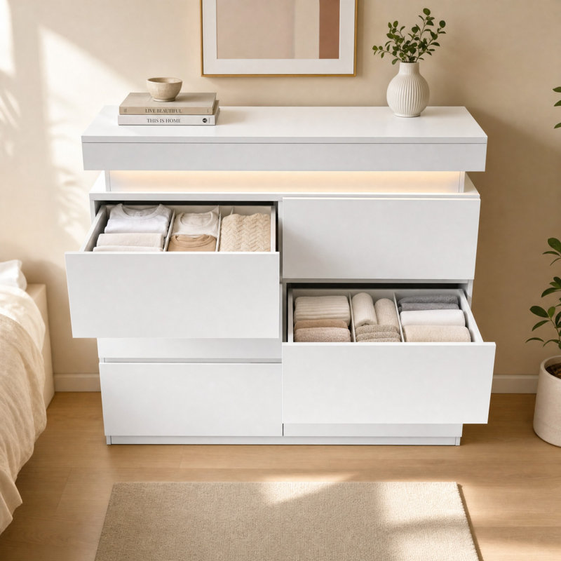 Commode double à DEL 6 tiroirs H 35,4 po x l 39 po x P 13,7 po, Blanc