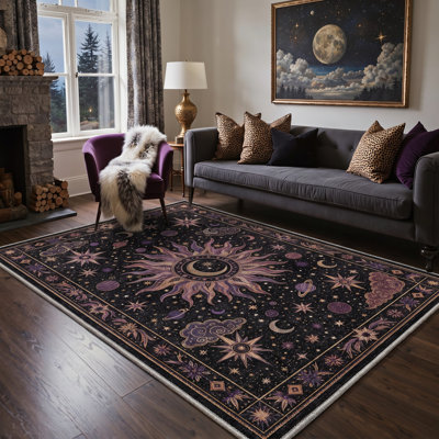 Tapis noir / mauve lavable à la machine avec envers antidérapant