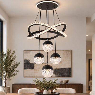 15.7-inch Modern Black Four-head Chandelier Led Three-tone Dimming + Luminous Ceiling Plate Acrylic Light Ball Adjustable Hanging Wire