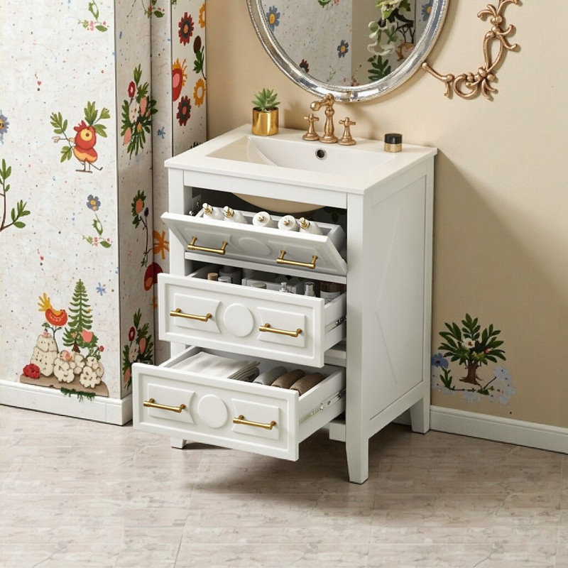 Meuble-lavabo avec lavabo en céramique et 3 tiroirs Aqua, Blanc