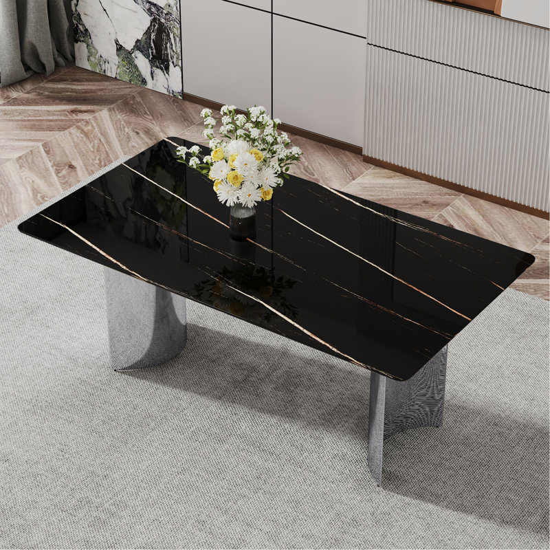 Modern Minimalist Dining Table. The Black Imitation Marble Glass Desktop Is Equipped With Silver Metal Legs. Suitable For Restaurants And Living Rooms 71 "* 39.3" * 29.5 "