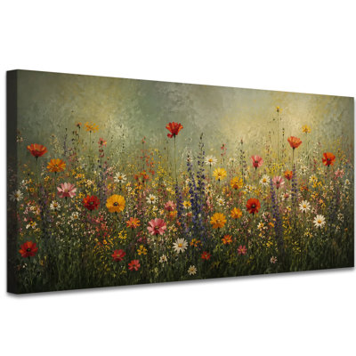 Vintage Flower Meadow Landscape Canvas Wall Art, Wildflower Field Wall Decor for Living Room or Bedroom, Farmhouse Landscape Decor Style, Gallery Wrapped, Ready to Hang, (20"x40")