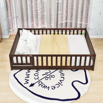 Wood Low Platform Bed With Fence Door And Guardrails by Harriet Bee