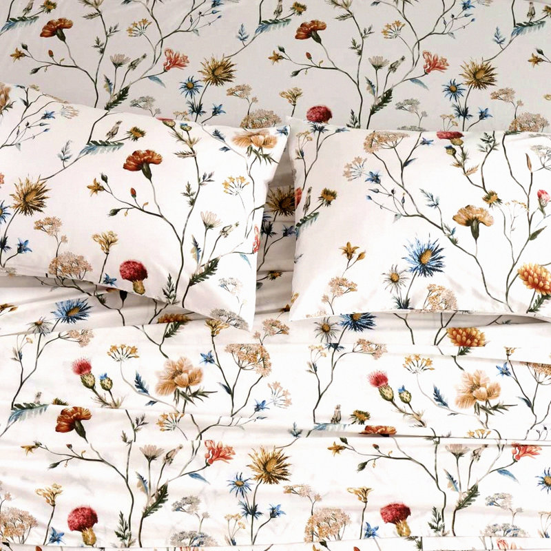Floral Botanical Bliss Full Size Bed Sheet Set - 100% Cotton Printed Bedding with Deep Mattress Pocket - Luxurious Bed Sets