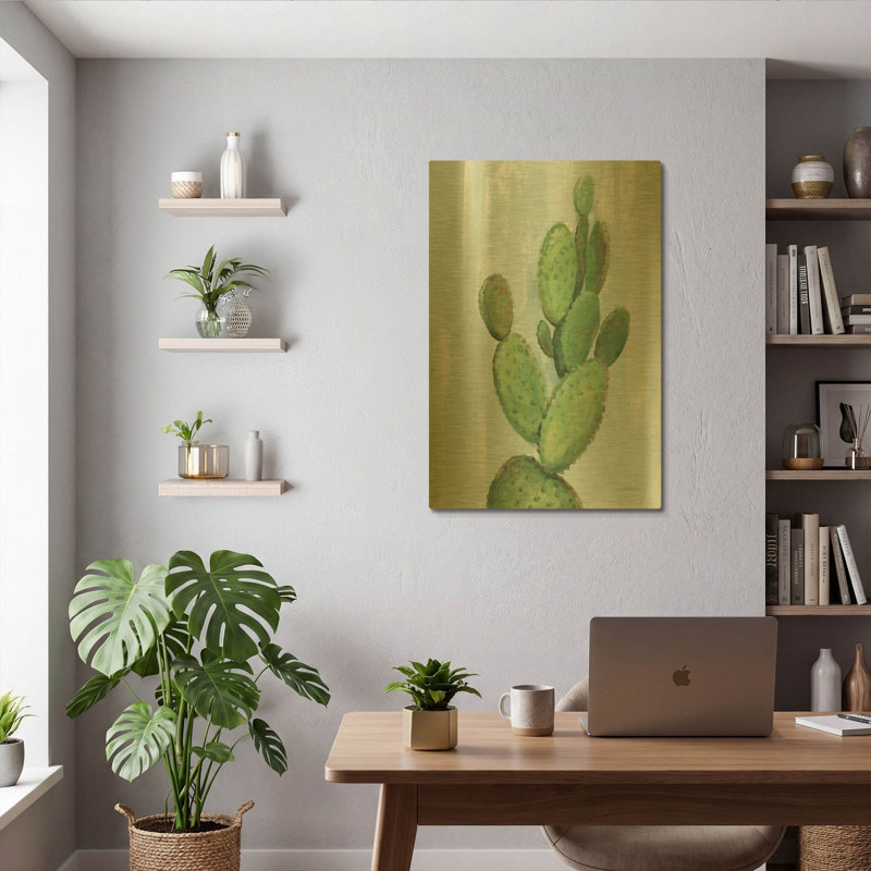 « Cactus de cour avant I Ardoise » par Silvia Vassileva, décoration murale en métal doré, 61 x 91 cm, 24"x36"