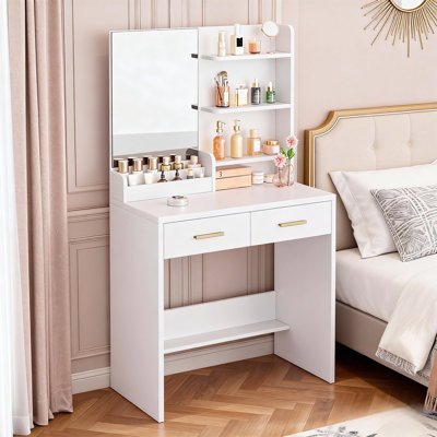 Vanity Desk with Mirror and 2 Drawers 3 Open Shelves, Makeup Vanity Table for Bedroom