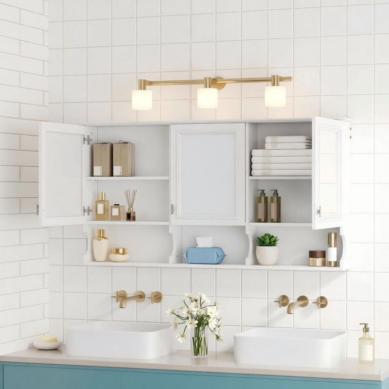 Armoire à pharmacie 55 po à miroir avec tablettes ouvertes, rangement mural avec portes et miroir, tablette réglable, armoire de rangement pour salle de bain au-dessus de la toilette