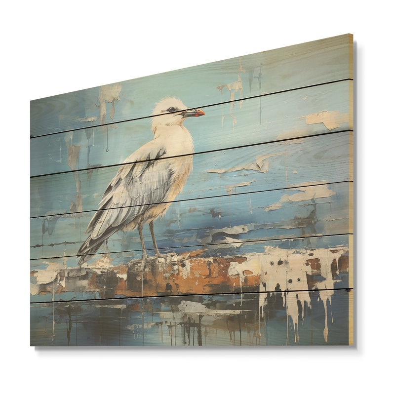 Tranquillité de mouette blanche et bleue - Art sur bois de pin naturel, H 24 po x l 32 po