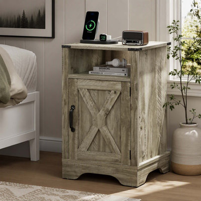 1PC Farmhouse Wooden Nightstand Beside Table with Charging Station for Bedrooms and Living Rooms