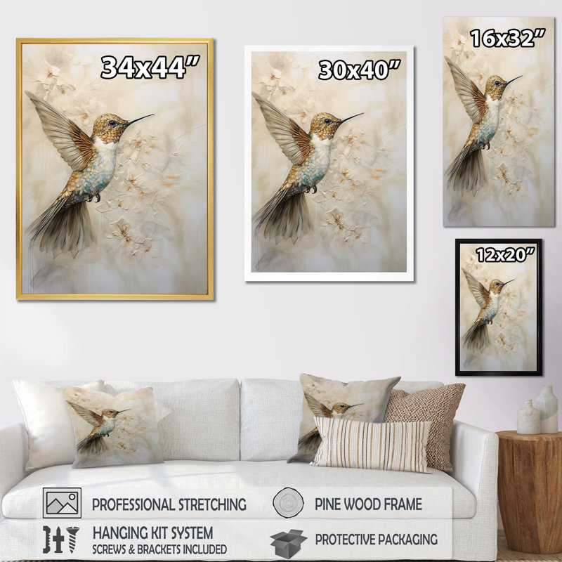 Colibri floral flottant III - Art mural colibri pour le salon, 44" H x 34" W, Cadre flottant brun