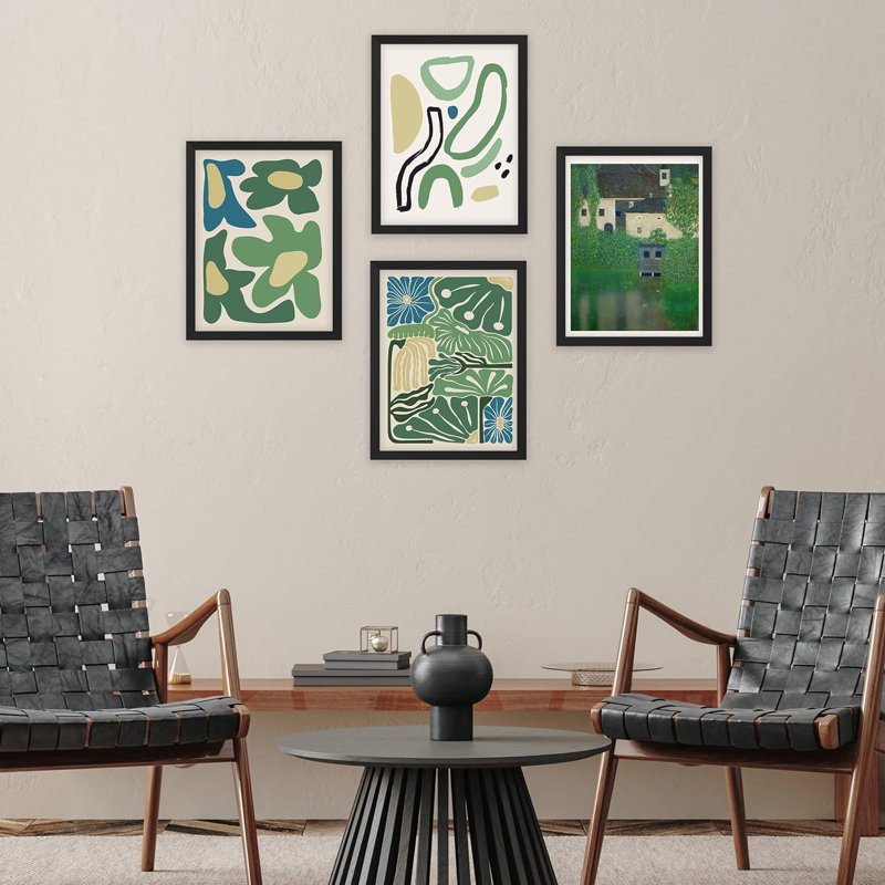 Décoration de salle de bain Bureau, motif géométrique de fleurs vertes, forme abstraite, minimalisme, relaxation / zen, impression sur papier encadrée de 4 pièces