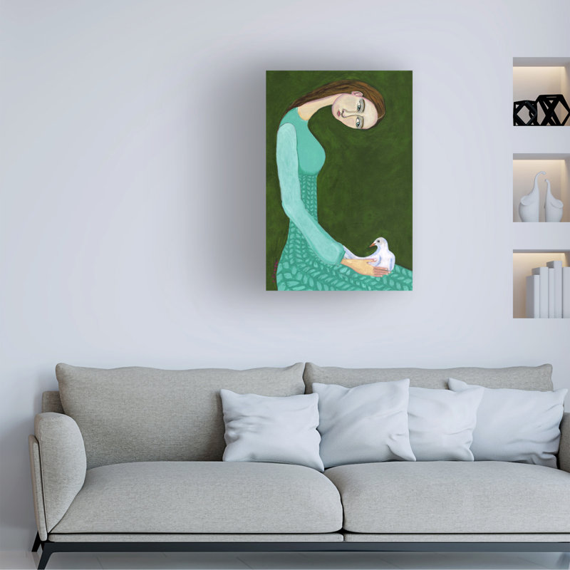Art sur toile «Bachelor Sharyn Bursic», femme assise avec une colombe blanche, H 16 po x l 24 po