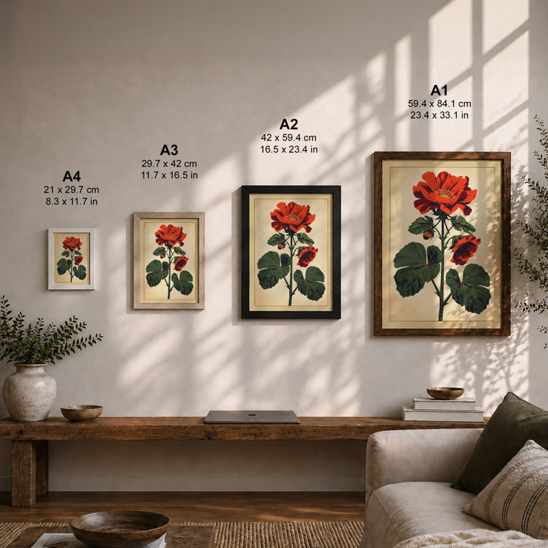 Crimson Bloom Study Botanical - Framed Print, Walnut, A4 - 29.7 x 21.0 cm