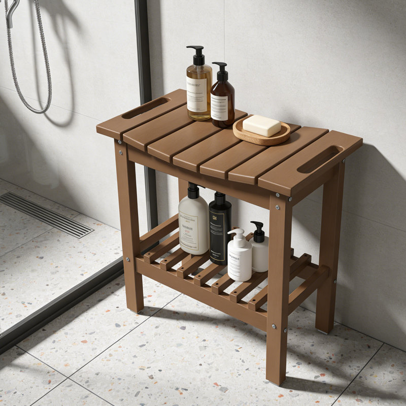 Banc de douche intérieur / extérieur en PEHD avec poignées, tablette de rangement et pieds antidérapants, Noyer