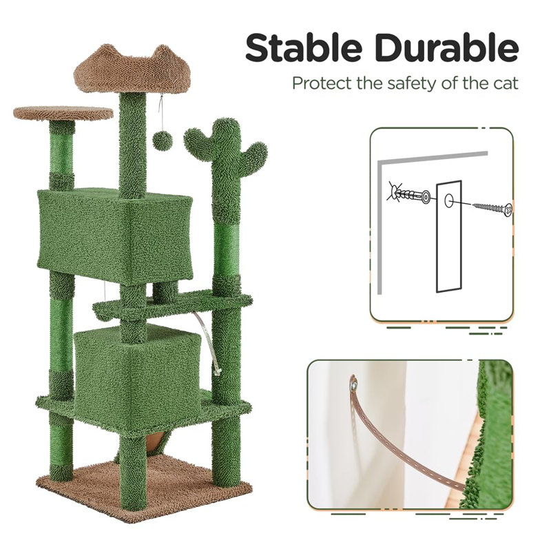 54.5" Green and Brown Sisal Cactus Cat Tree Tower