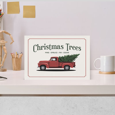 Red Christmas Truck Classic Retro Rustic Christmas Tree Evergreen Tree Cedar Winter Landscape Wall Art
