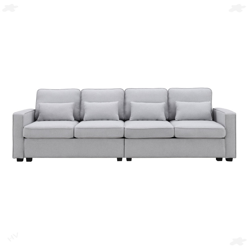 Canapé 4 places moderne en tissu de lin avec poches pour accoudoirs et 4 coussins, Light Grey