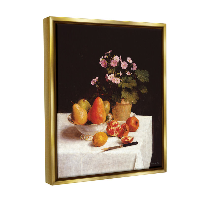 "Fruit and Bouquet Still Life" sur toile, H 31 po x l 25 po, Cadre flottant métallique doré