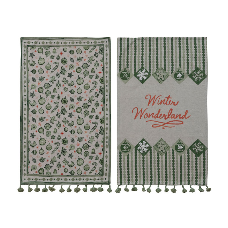 Serviette de thé en coton et lin avec motif / dictons et pampilles