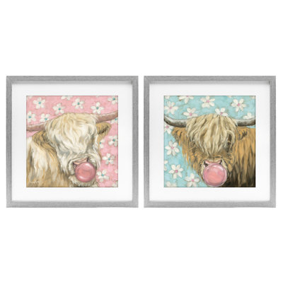 Cute Bubblegum Highland Cattles 2pc Framed Print Under Glass Set, design by Sara G. Designs