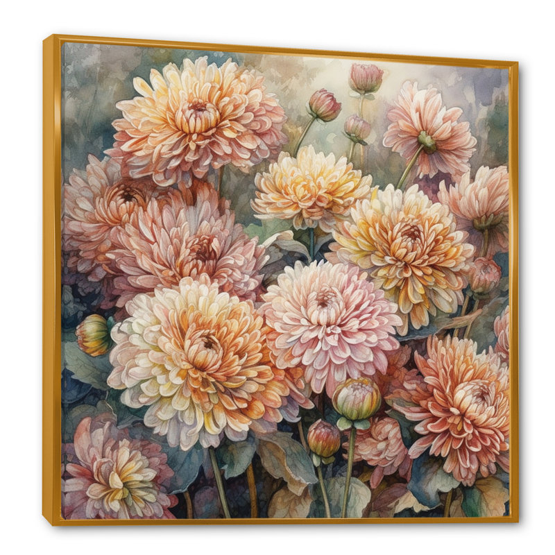 «Rondall Orange Pink Chrysanthemum Scenery II», reproduction sur toile, H 16 po x l 16 po x P 1 po, Cadre flottant doré