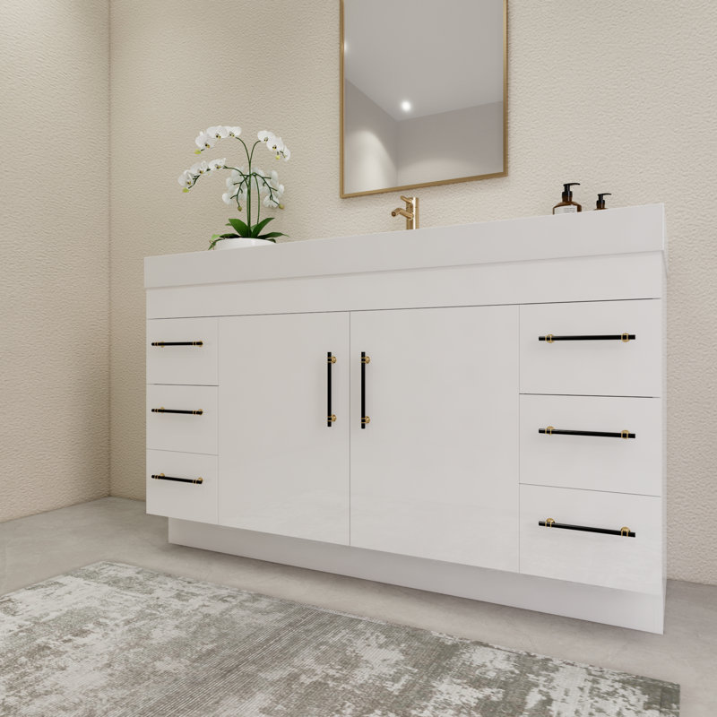 Ensemble de meuble-lavabo simple 59 "avec tiroirs et portes, Blanc lustré