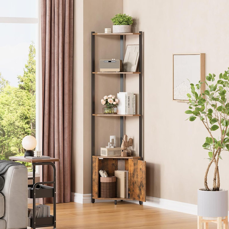 5-Tier Corner Storage Shelf, Modern Bookshelf with Doors, Heavy Duty Space-Saving Shelving Stand for Bedroom, Living Room, Office