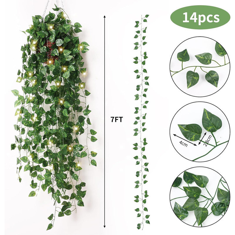 14 Pack 98ft Fake Ivy Vines, Artificial Ivy Garland with 100 LED String Lights