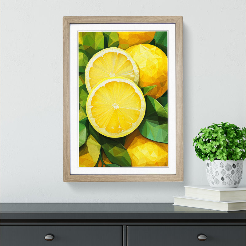 Lemon Fruit Geometric - Single Picture Frame Print on Wood, Oak Framed, 46cm H x 34cm W x 2cm D
