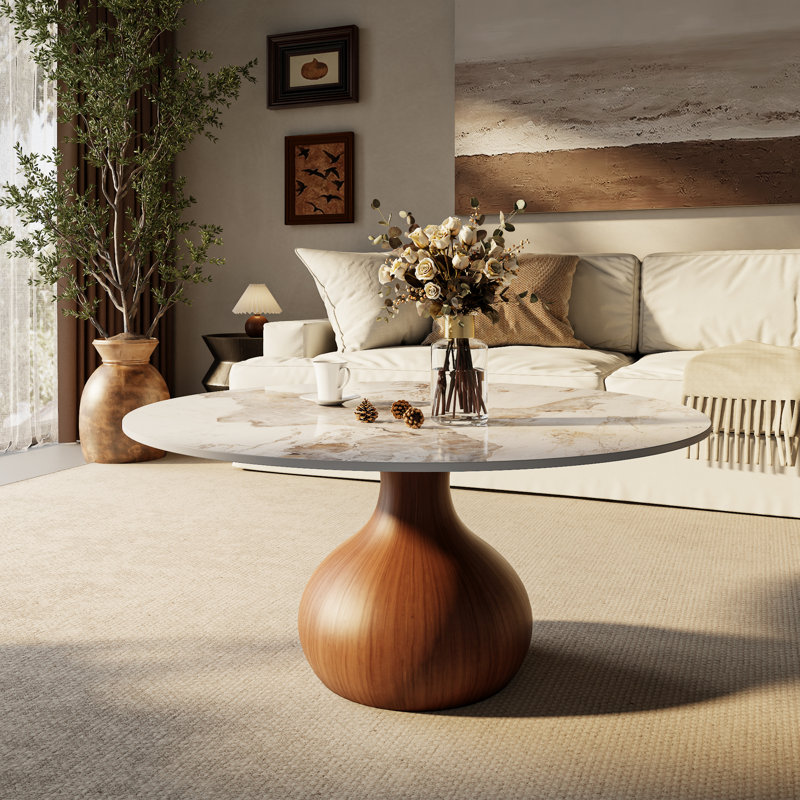 Mid-Century Modern Round Coffee Table Stone Marble Effect With Solid Wood Base For Living Room & Home Decor