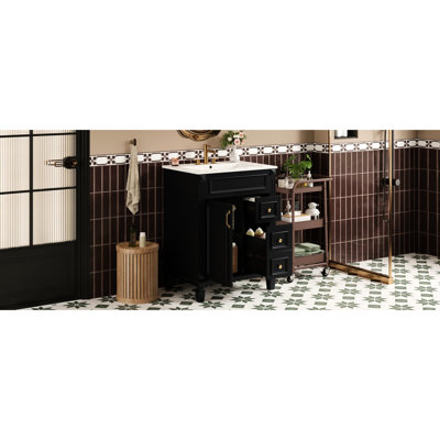 Meuble-lavabo moderne de 61 cm avec lavabo en céramique, 2 tiroirs et tablette réglable - Petite amélioration, meuble de rangement compact de style rétro français pour les petits espaces.