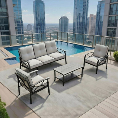 4-Piece Metal Patio Furniture Set, 5-Seat All-Weather Conversation Sofa With 4 Inches Thick Gray Cushions, Black Frame, Coffee Table For Porch Backyard Garden