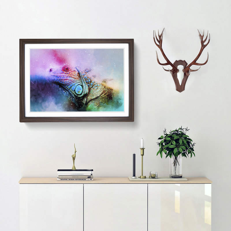 Iguana Lizard Colour Explosion in Abstract - Picture Frame Painting Print, 50cm H x 76cm W x 2cm D, Walnut